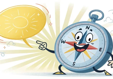 다양한 상황에서 '가이드'를 영어로 표현하는 방법을 알려주는 이미지: 나침반이 영어 말풍선을 가리키고 있음.