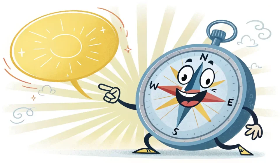 다양한 상황에서 '가이드'를 영어로 표현하는 방법을 알려주는 이미지: 나침반이 영어 말풍선을 가리키고 있음.