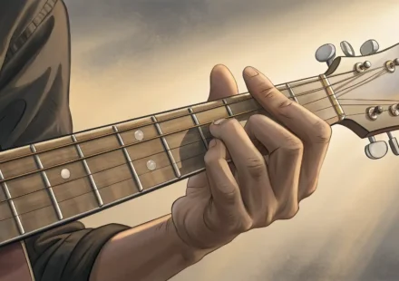 기타 코드 운지법을 보여주는 손과 영어 표현 학습 및 이해를 상징하는 전구 아이콘 썸네일