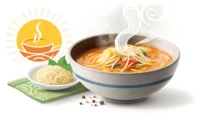 맛있는 국밥 한 그릇과 영어 학습을 상징하는 아이콘이 나란히 놓인 이미지