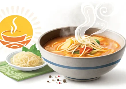 맛있는 국밥 한 그릇과 영어 학습을 상징하는 아이콘이 나란히 놓인 이미지