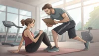 헬스장 트레이너가 회원에게 운동 자세를 가르쳐주며 소통하는 모습, 헬스장 영어 표현 학습을 상징하는 이미지.