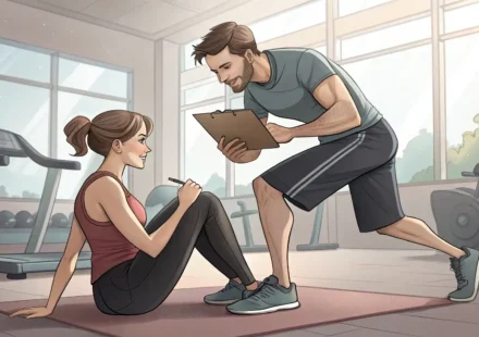 헬스장 트레이너가 회원에게 운동 자세를 가르쳐주며 소통하는 모습, 헬스장 영어 표현 학습을 상징하는 이미지.