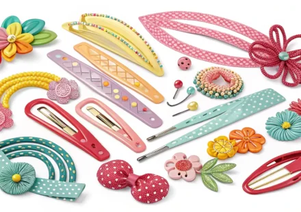 다양한 종류의 머리핀과 헤어 클립 옆에 영어 학습을 상징하는 책과 말풍선 아이콘이 있는 이미지.