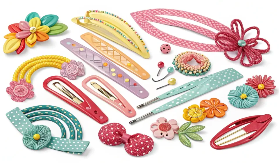 다양한 종류의 머리핀과 헤어 클립 옆에 영어 학습을 상징하는 책과 말풍선 아이콘이 있는 이미지.