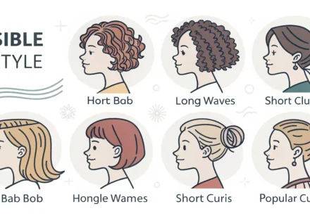 다양한 헤어스타일 아이콘과 머리카락 관련 영어 표현 학습을 나타내는 이미지