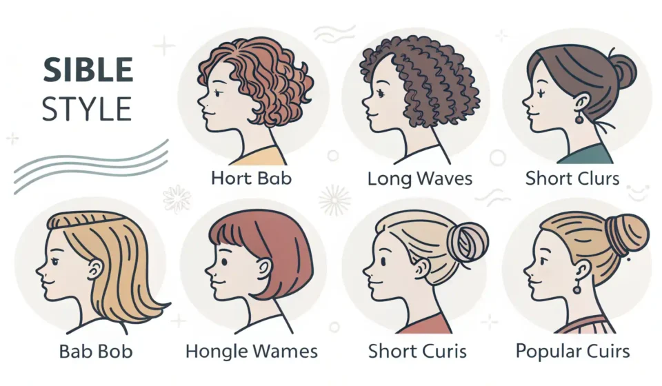 다양한 헤어스타일 아이콘과 머리카락 관련 영어 표현 학습을 나타내는 이미지