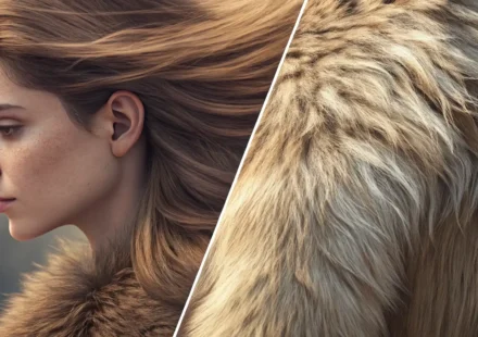 사람 머리카락, 동물 털, 솔의 뻣뻣한 털 질감을 나란히 보여주며 다양한 '털' 종류에 대한 영어 표현 학습을 시각적으로 나타내는 이미지.