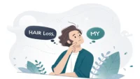 탈모 관련 영어 표현("Hair loss", "Thinning hair")을 배우는 사람 일러스트.