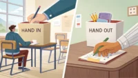 'Hand in'과 'Hand out'의 차이를 시각적으로 보여주는 이미지: 왼쪽에는 서류를 제출하는 손(IN), 오른쪽에는 자료를 나눠주는 손(OUT)이 화살표와 함께 그려져 영...