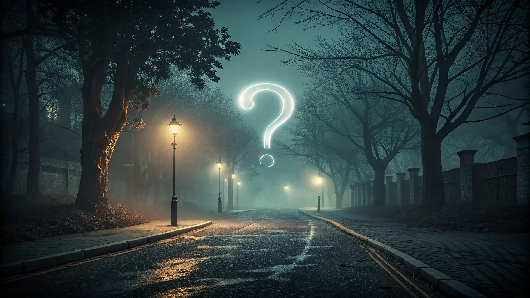 으스스한 밤거리 위 물음표와 "Local legends?", "Is it haunted?" 영어 표현 말풍선 이미지 - 유령 투어 영어 배우기