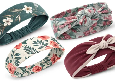 다양한 종류의 헤어밴드와 영어 표현 학습을 상징하는 말풍선 아이콘 이미지