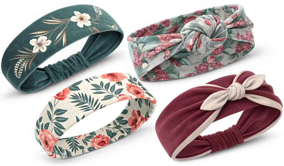 다양한 종류의 헤어밴드와 영어 표현 학습을 상징하는 말풍선 아이콘 이미지