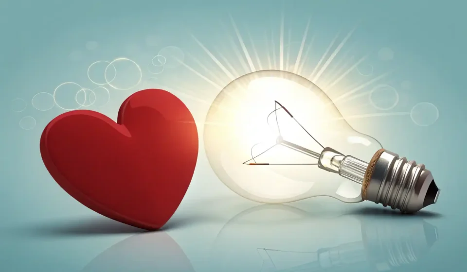 빨간색 심장 아이콘과 빛나는 전구 아이콘으로 심장 관련 영어 표현 학습을 상징하는 이미지