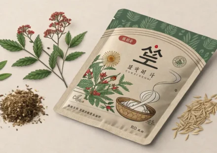 한약 파우치와 영어 학습 관련 아이콘이 보이는 태블릿이 놓여있는 이미지