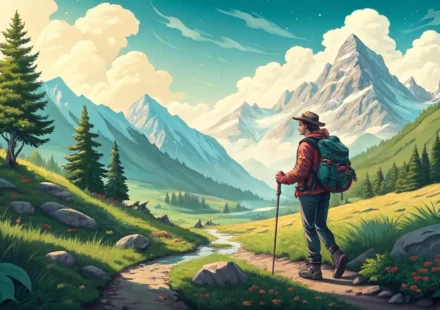 등산객이 갈림길 표지판 앞에서 있는 모습 일러스트, 등산 상황에 맞는 영어 표현 학습을 상징함.