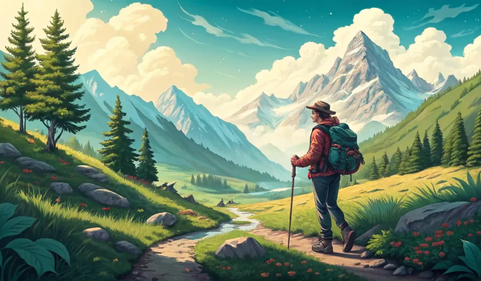 등산객이 갈림길 표지판 앞에서 있는 모습 일러스트, 등산 상황에 맞는 영어 표현 학습을 상징함.