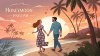 신혼여행 필수 영어 표현 배우기: 해변의 커플과 'Honeymoon English' 글자가 있는 썸네일 이미지