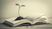 희망을 상징하는 새싹이 펼쳐진 영어 책에서 자라나는 모습의 일러스트레이션