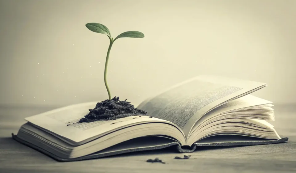 희망을 상징하는 새싹이 펼쳐진 영어 책에서 자라나는 모습의 일러스트레이션