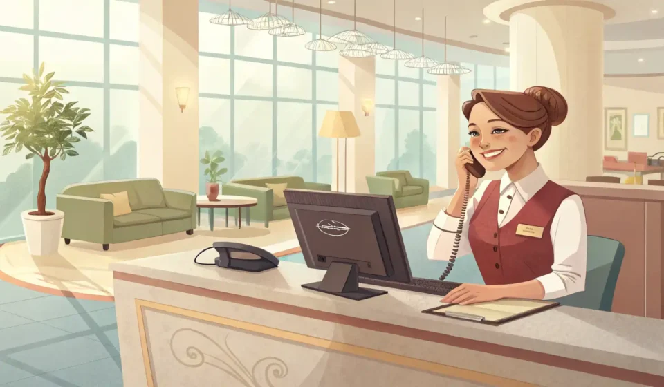 호텔 프론트 데스크를 배경으로 여권, 호텔 키 카드, 그리고 영어 학습을 상징하는 아이콘이 놓여 있는 이미지