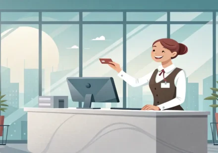 호텔 프런트 데스크에서 직원이 여행객에게 서류를 건네고, 여행객 머리 위에는 성공적인 영어 소통을 상징하는 체크마크가 있는 말풍선 아이콘이 떠 있는 일러스트.