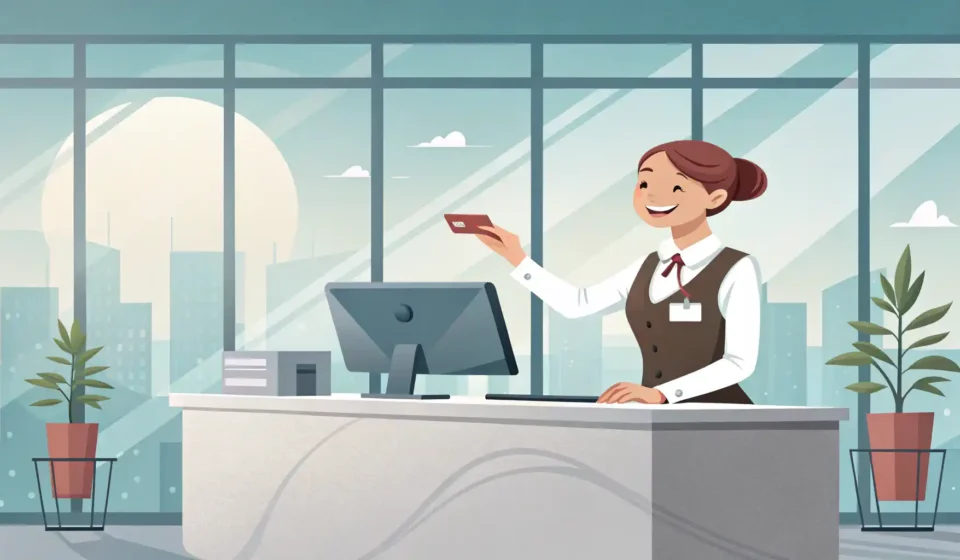 호텔 프런트 데스크에서 직원이 여행객에게 서류를 건네고, 여행객 머리 위에는 성공적인 영어 소통을 상징하는 체크마크가 있는 말풍선 아이콘이 떠 있는 일러스트.