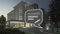 호텔 영어 회화 학습: 지정된 흡연 구역(Designated Smoking Area) 질문 아이콘과 말풍선 그래픽