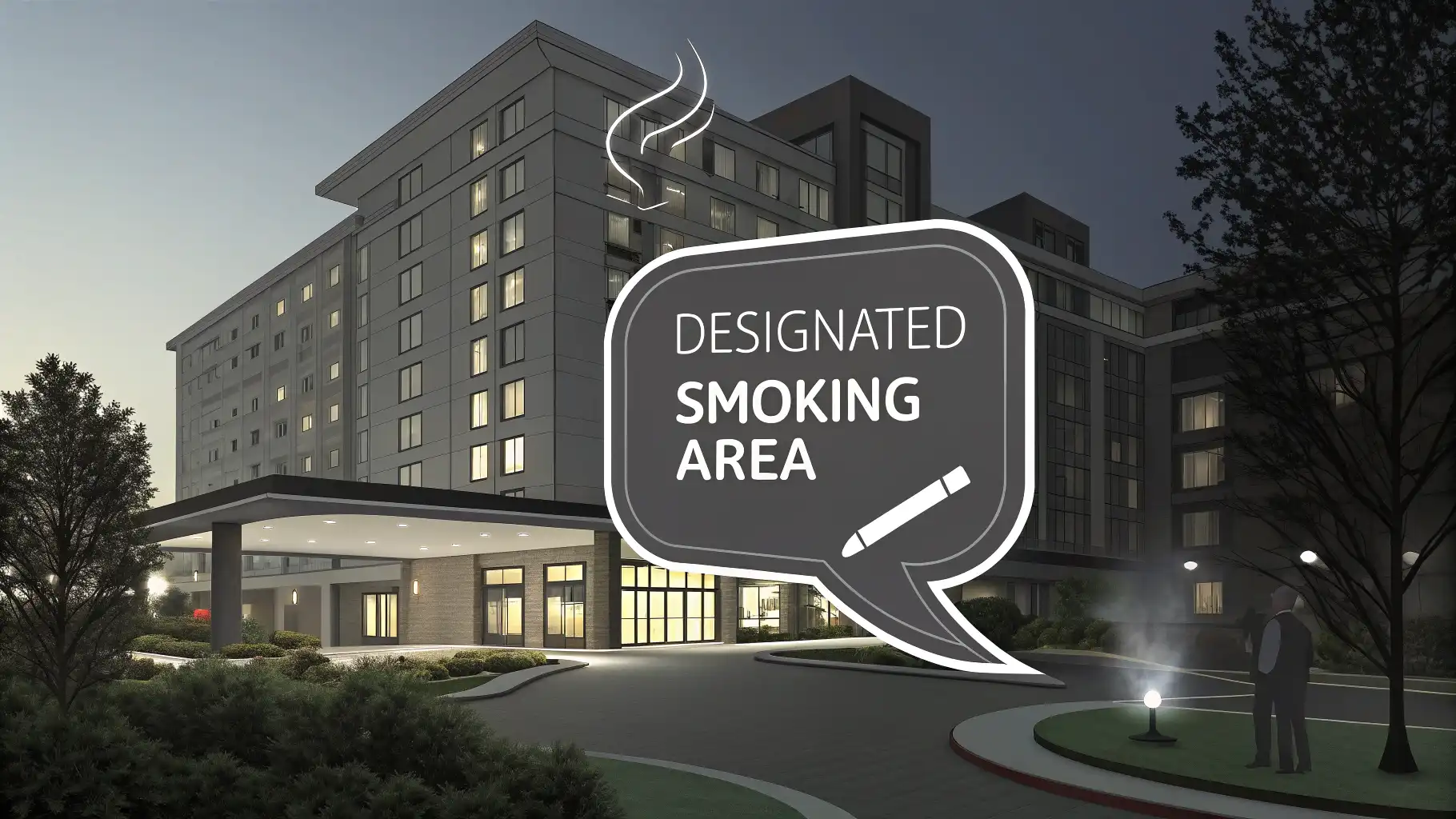 호텔 영어 회화 학습: 지정된 흡연 구역(Designated Smoking Area) 질문 아이콘과 말풍선 그래픽