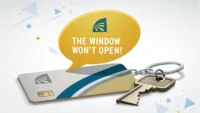 호텔 창문 문제 관련 영어 표현 학습을 나타내는 이미지: "The window won't open!" 말풍선과 호텔 카드키, 영어 사전 아이콘.