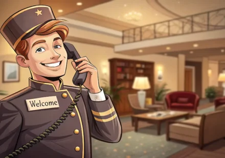 호텔 유니폼을 입은 직원이 전화로 룸서비스 주문을 받으며 미소짓는 모습과 음식 아이콘이 있는 영어 학습용 이미지