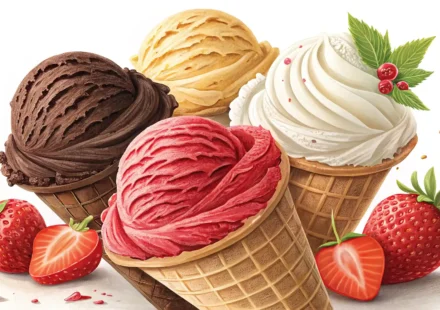 다양한 맛의 아이스크림 콘 옆에 영어 국기 아이콘이 담긴 말풍선이 있는 이미지, 아이스크림 주문 관련 영어 표현 학습을 상징함.