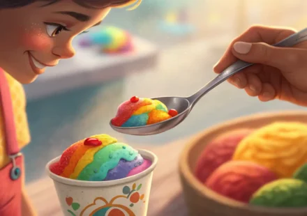 아이스크림 가게에서 샘플 스푼을 건네는 손과 다양한 아이스크림, 영어 학습을 상징하는 전구 아이콘 이미지