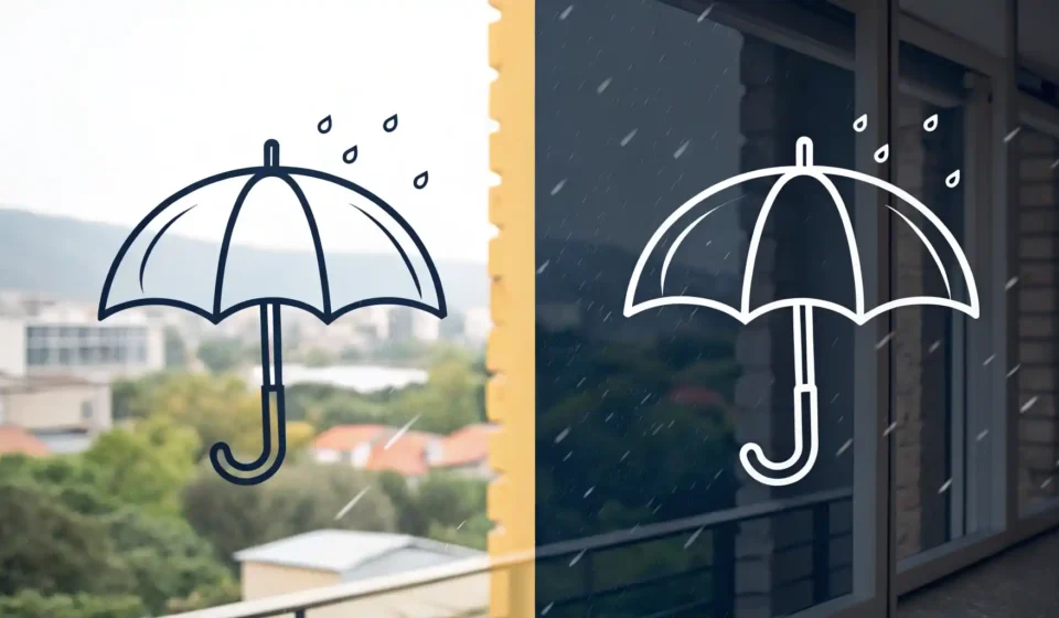 'in case'와 'lest'의 차이를 나타내는 대비되는 이미지: 한쪽은 대비를 상징하는 우산 아이콘, 다른 쪽은 우려나 부정적 결과 회피를 상징하는 아이콘.