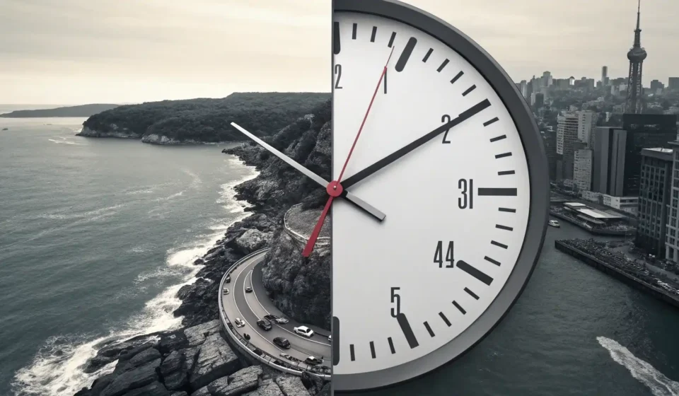 정각을 가리키는 시계와 정각 직전을 가리키는 시계를 비교하여 'on time'과 'in time'의 시간 표현 차이를 시각적으로 보여주는 이미지.