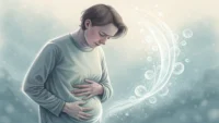 배를 잡고 약간 불편한 표정을 짓는 사람과 그 옆에 물음표가 든 말풍선, 영국 국기 아이콘이 떠 있는 소화불량 관련 영어 표현 학습 썸네일 이미지.