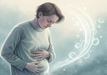 배를 잡고 약간 불편한 표정을 짓는 사람과 그 옆에 물음표가 든 말풍선, 영국 국기 아이콘이 떠 있는 소화불량 관련 영어 표현 학습 썸네일 이미지.