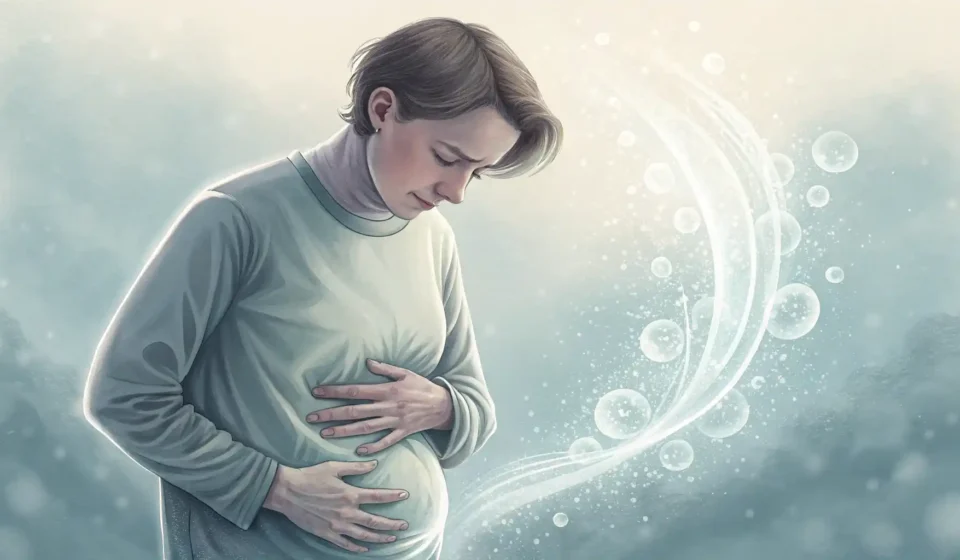 배를 잡고 약간 불편한 표정을 짓는 사람과 그 옆에 물음표가 든 말풍선, 영국 국기 아이콘이 떠 있는 소화불량 관련 영어 표현 학습 썸네일 이미지.