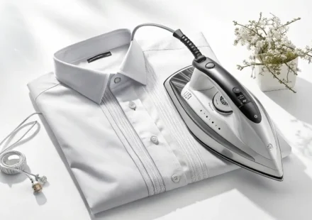 다리미판 위 다리미와 셔츠 옆에 영국/미국 국기 아이콘이 놓여 있어 다림질 관련 영어 표현 학습을 나타내는 이미지