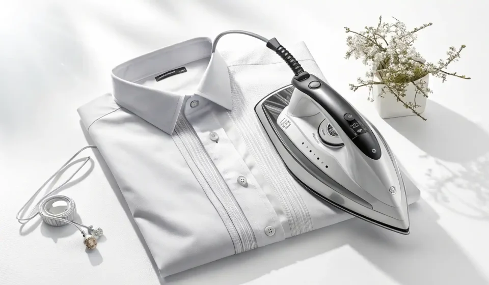 다리미판 위 다리미와 셔츠 옆에 영국/미국 국기 아이콘이 놓여 있어 다림질 관련 영어 표현 학습을 나타내는 이미지