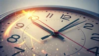 현재 시각을 강조하는 시계와 영어 학습을 상징하는 아이콘 이미지, 'It's time + 주어 + 과거동사' 영어 표현 학습 관련.
