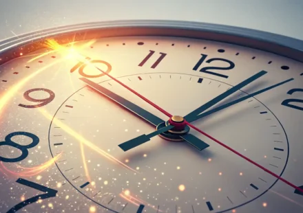 현재 시각을 강조하는 시계와 영어 학습을 상징하는 아이콘 이미지, 'It's time + 주어 + 과거동사' 영어 표현 학습 관련.