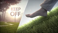 잔디밭의 'Keep off' 표지판과 문 앞의 'Keep out' 표지판을 비교하며 영어 표현 차이를 시각적으로 보여주는 썸네일 이미지.