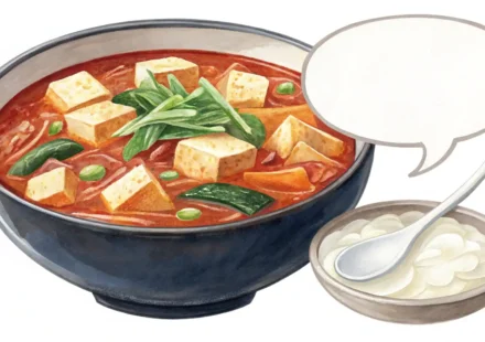 김치찌개 그릇과 영어 국기 아이콘이 담긴 말풍선이 함께 있는 이미지, 김치찌개 관련 영어 표현 배우기 콘텐츠임을 나타냄.