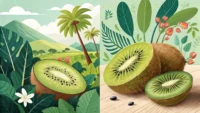 키위 과일과 키위 새 그림, 영어 학습을 상징하는 말풍선 아이콘으로 'kiwi' 영어 표현 배우기 주제를 나타내는 이미지