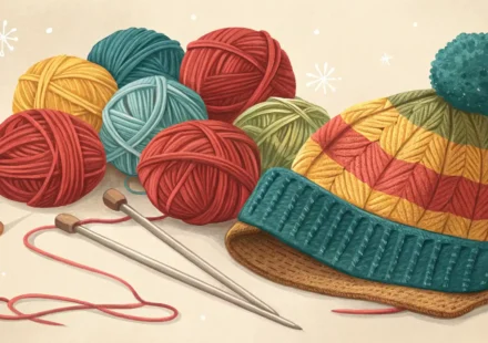 알록달록한 털실 뭉치와 뜨개바늘 옆에 영어 학습을 상징하는 아이콘이 놓여있는 이미지