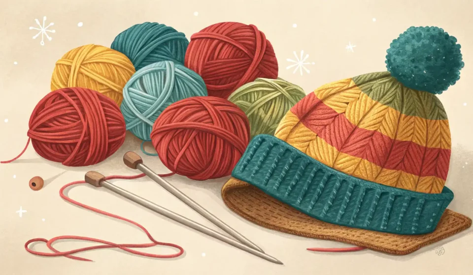 알록달록한 털실 뭉치와 뜨개바늘 옆에 영어 학습을 상징하는 아이콘이 놓여있는 이미지