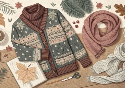 다양한 니트 스웨터, 카디건 등 니트 의류와 함께 영어 학습을 연상시키는 돋보기 또는 말풍선 아이콘이 있는 이미지