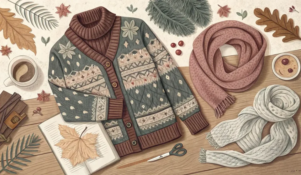 다양한 니트 스웨터, 카디건 등 니트 의류와 함께 영어 학습을 연상시키는 돋보기 또는 말풍선 아이콘이 있는 이미지