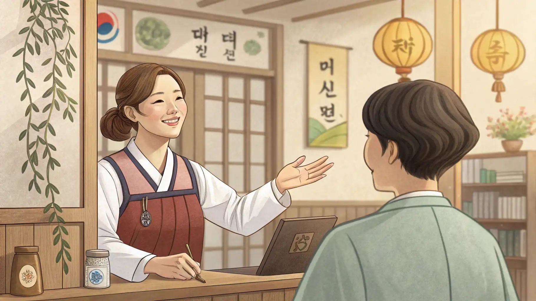 한의원 직원이 접수 데스크에서 외국인 환자를 영어로 친절하게 안내하는 모습.